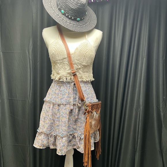Sienna Sky Blue Mini Skater Skirt with Ruffled Tiers - Picture 1 of 11
